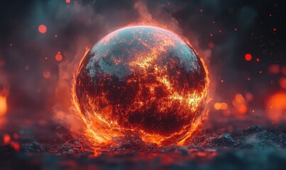 Wall Mural - surreal abstract planet-like sphere surrounded by glowing neon red and orange particles, evoking cos
