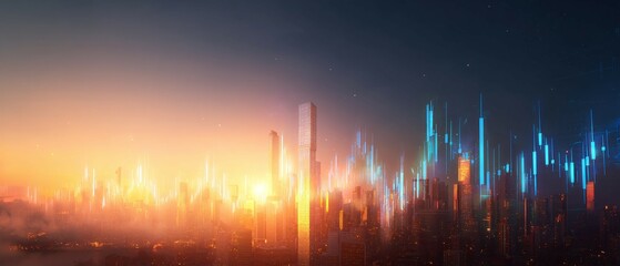 Wall Mural - abstract cityscape with blurred lights and orange and blue hues.
