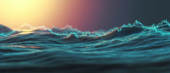 Wall Mural - abstract ocean waves illustration with sunset sky and dark background.