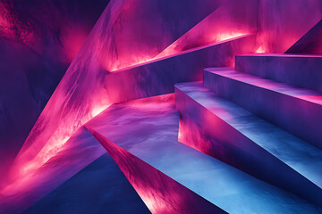 Wall Mural - Abstract architecture with stairs and pink and blue neon lighting in a futuristic setting