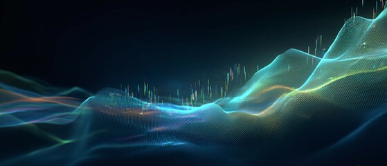 Wall Mural - abstract flowing waves in blue and green hues against a dark background.