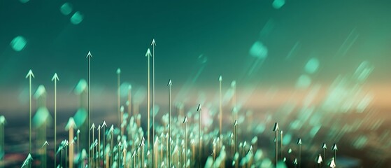 Wall Mural - arrows pointing upwards in a blurred green and yellow abstract background.
