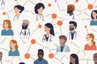© Ifti Digital - Connections between healthcare professionals represented by icons over a diverse backdrop of illustrated individuals, network of connections with icons over diverse doctors talking