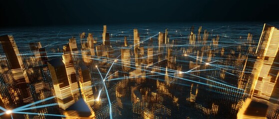 Wall Mural - abstract cityscape with illuminated buildings and network connections at night.