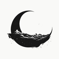 Wall Mural - moon landscape night sky stars clouds mountains black white surreal dreamscape celestial crescent ar