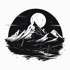 Wall Mural - mountain landscape moon stars night sky trees river scenic black white illustration design vector ar