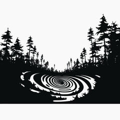 Wall Mural - black white forest trees nature landscape spiral vortex design graphic illustration art scenic woods