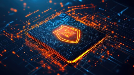 Digital security shield glowing on a futuristic circuit board