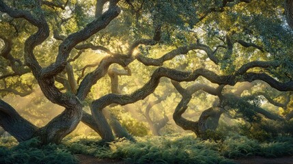 Poster - Enchanting forest scene featuring twisting tree branches and sunlit ferns