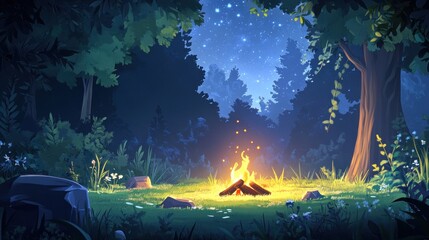 Poster - Campfire burning brightly in a forest clearing at night