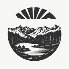 Wall Mural - mountain landscape sun trees lake nature scenic outdoors adventure travel vector illustration design