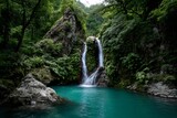 An enchanting waterfall in a lush tropical paradise, isolated on a diffrent collers background, representing serene nature and tranquil settings.