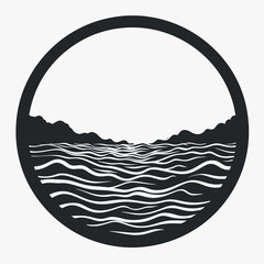 Wall Mural - sun ocean waves horizon landscape circle black white vector illustration nature graphic design art s