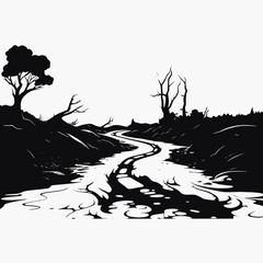 Wall Mural - monochrome landscape river path trees nature black white scenery mountain winding trail artwork desi