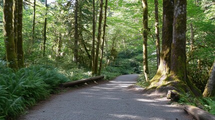 Poster - Gravel path winds through a lush forest with tall trees