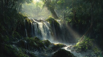 Poster - Waterfall cascading through a lush green forest with sunbeams