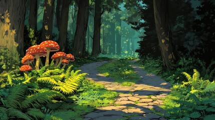 Poster - A stone path meanders through an enchanting forest scene
