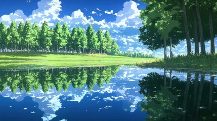 Poster - Serene lake reflects sky and trees in animated landscape