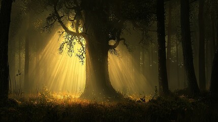 Fototapete - Beautiful sunlight streams illuminating an old majestic tree in forest
