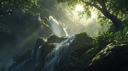 Poster - Scenic waterfall cascading through mossy rocks in a lush forest