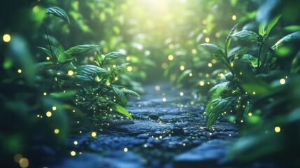 Poster - A serene pathway illuminated by ethereal glowing fireflies amidst greenery