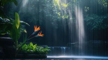 Fototapete - Bird of paradise flowers near a waterfall with sun rays