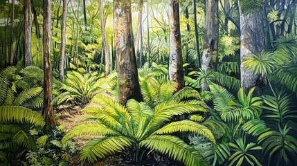 Fototapete - Lush rainforest scene featuring ferns and tall trees
