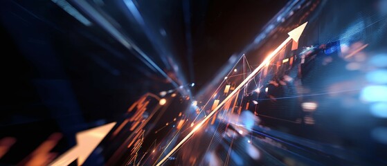 Wall Mural - abstract digital art with glowing arrows and light streaks on a dark background.