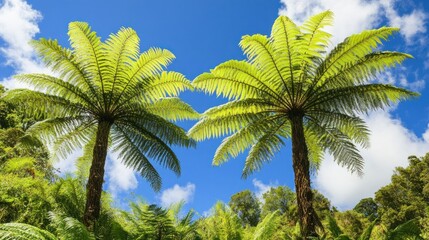 Poster - Two fern trees reach towards a bright blue sky
