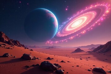 Wall Mural - vibrant nebula swirls around a lone, desert planet , world, astronomy