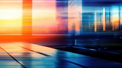 Wall Mural - vibrant city skyline at sunset viewed through a modern office window with blurred reflections