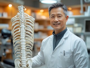 Medical professional smiling while holding a human skeleton model in clinic