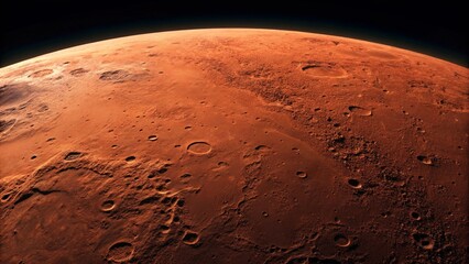Wall Mural - Close-up view of the planet Mars, showing its heavily cratered, rusty red surface under the curve of the planet against a dark background, emphasizing impact history and geological features.

