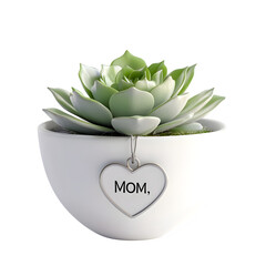 realistic macro image of a small succulent plant in a white ceramic pot with a tiny heart-shaped tag