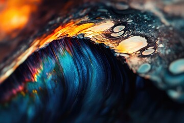 Wall Mural - Macro shot reveals intricate textures of blue liquid with vibrant orange and yellow highlights, creating a dynamic, abstract scene.