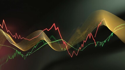 Wall Mural - abstract wavy lines in red green and gold on a dark background.