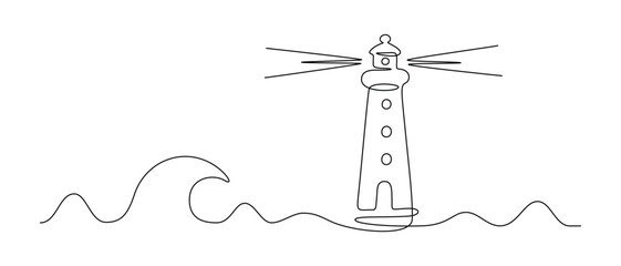 Aufkleber - Lighthouse tower in one continuous line drawing. Light house with beams of light shining in all directions in simple linear style. Sea waves in editable stroke. Minimalistic vector illustration
