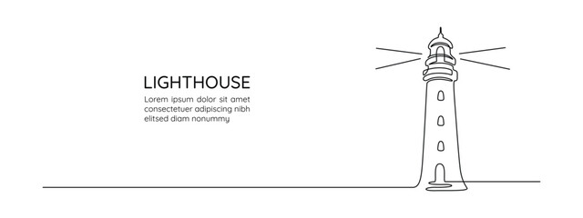 Aufkleber - Lighthouse tower in one continuous line drawing. Light house with beams of light shining in all directions in simple linear style. Sea coast in Editable stroke. Monoline vector illustration