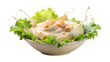 A delicious Caesar salad with croutons and creamy dressing creating a splash