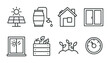 © Павел Озарчук - Eco-friendly home living outline icons – linear style sustainability, green energy, and organic gardening symbols: solar panel, rain barrel, house, window, garden, plants, timer.
