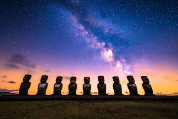 Wall Mural - A group of statues are lined up in a field under a starry sky