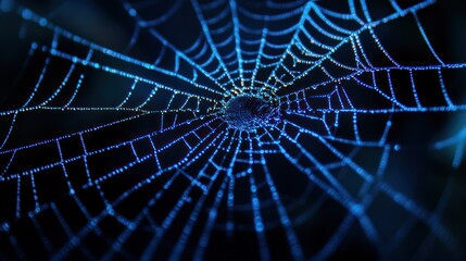 Dew-kissed spiderweb, intricate design, dark background