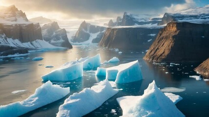 Wall Mural - melting glacier icebergs floating in a canyon bay surrounded by rocky mountains with a frozen river.