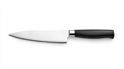 Stainless steel chef's knife with black handle, isolated on white.