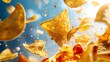 © GROW HIGH - Crispy Fiesta: A dynamic shot of tortilla chips suspended mid-air, showcasing their delightful textures and golden hues against a vibrant backdrop.