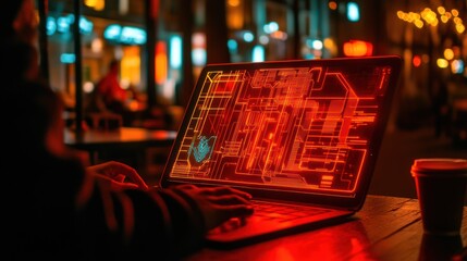 Night city hacker working on laptop