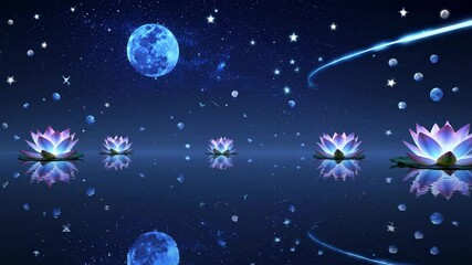 Wall Mural - a serene video scene with a low-angle view of lotus flowers on water, under a starry night sky with 