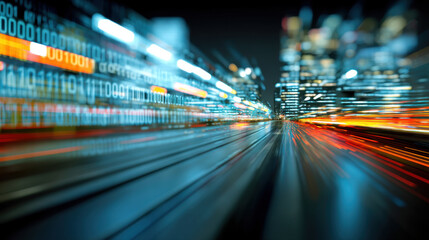highspeed light trail in motion with binary code overlay, creating dynamic and futuristic cityscape 