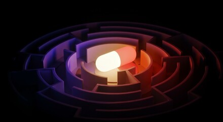 illuminated pill in a complex circular maze
