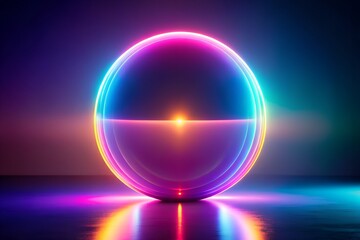 Wall Mural - glowing sphere neon light with colorful reflection background